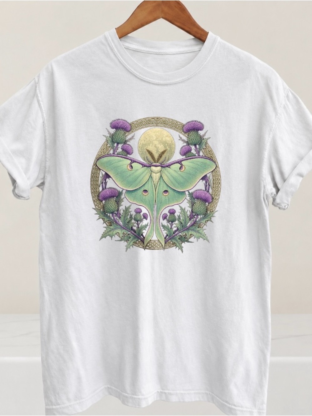 Green Luna Moth Graphic Tee with Purple Thistle Art